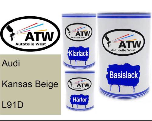 Audi, Kansas Beige, L91D: 500ml Lackdose + 500ml Klarlack + 250ml Härter - Set, von ATW Autoteile West.